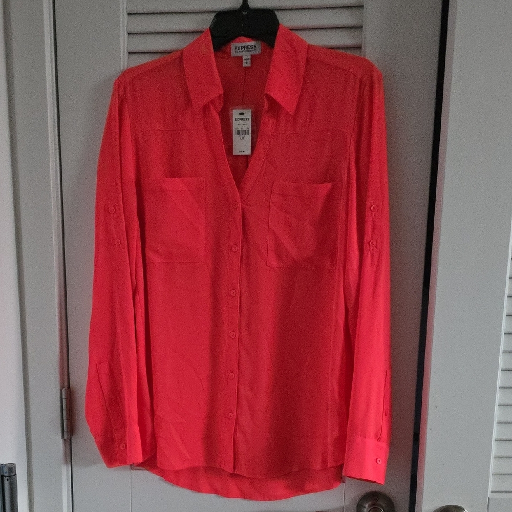 Express Vibrant Coral Long Sleeve Shirt